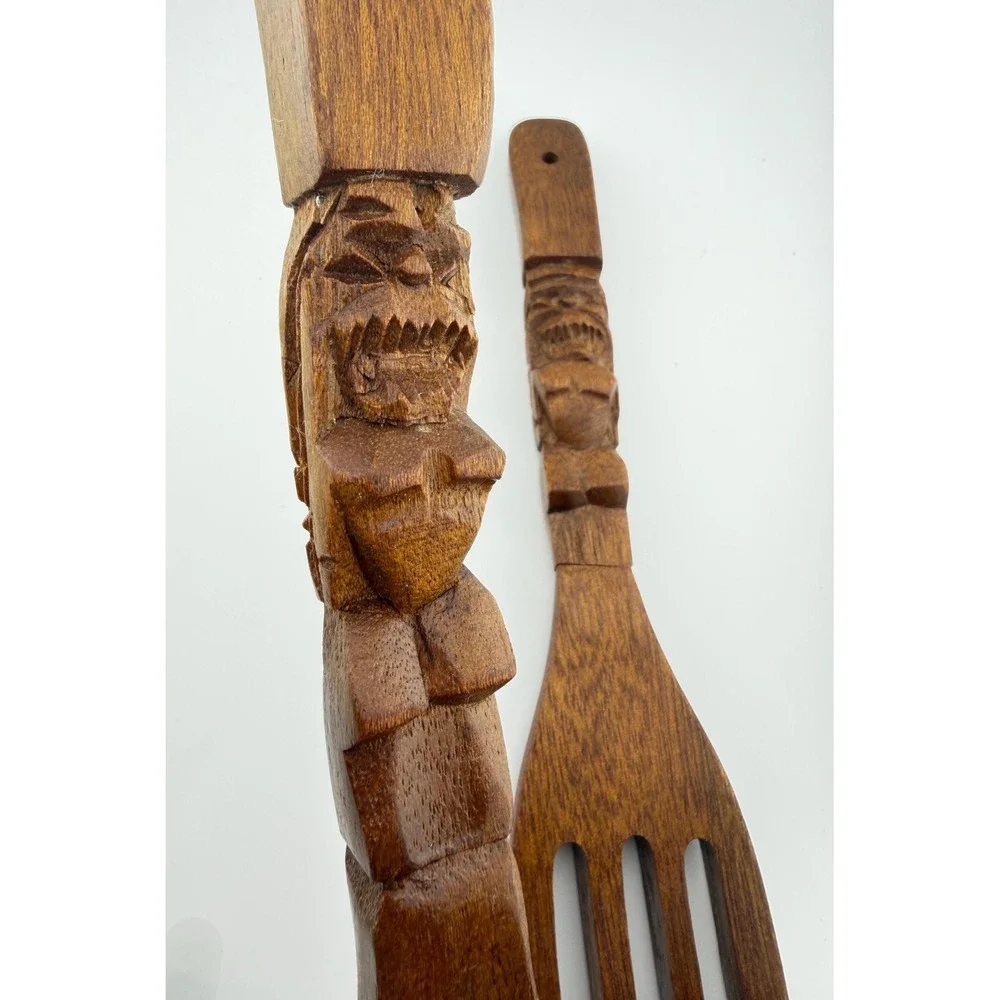 Vintage Hand Carved Wooden Tiki Salad Servers 12 Inch Wood Fork Spoon Set MCM